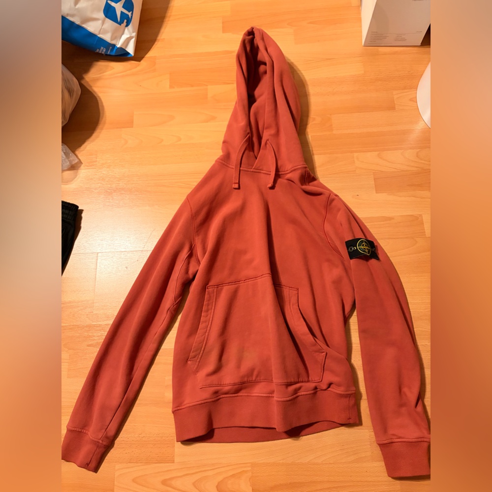 Rust stone island pocket cotton fleece hoodie